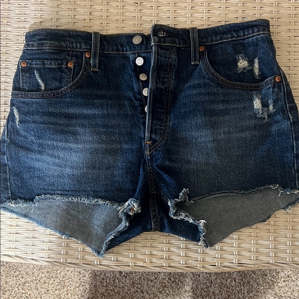 Levi's Dark Blue Distressed Button-Front Jean Shorts